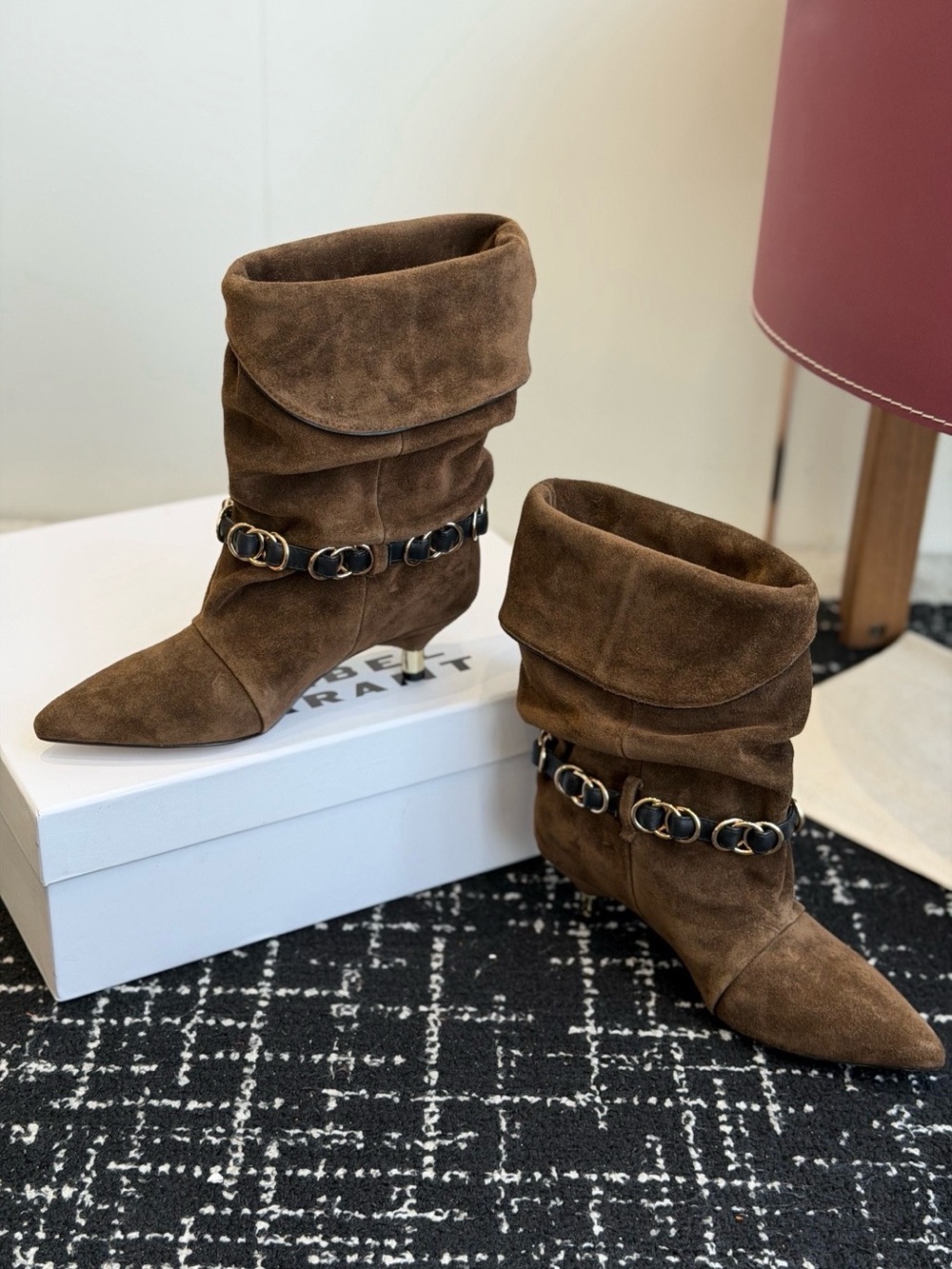 Isabel Marant Brown Suede Mid-Calf Pointed-Toe Boots with Chain Trim